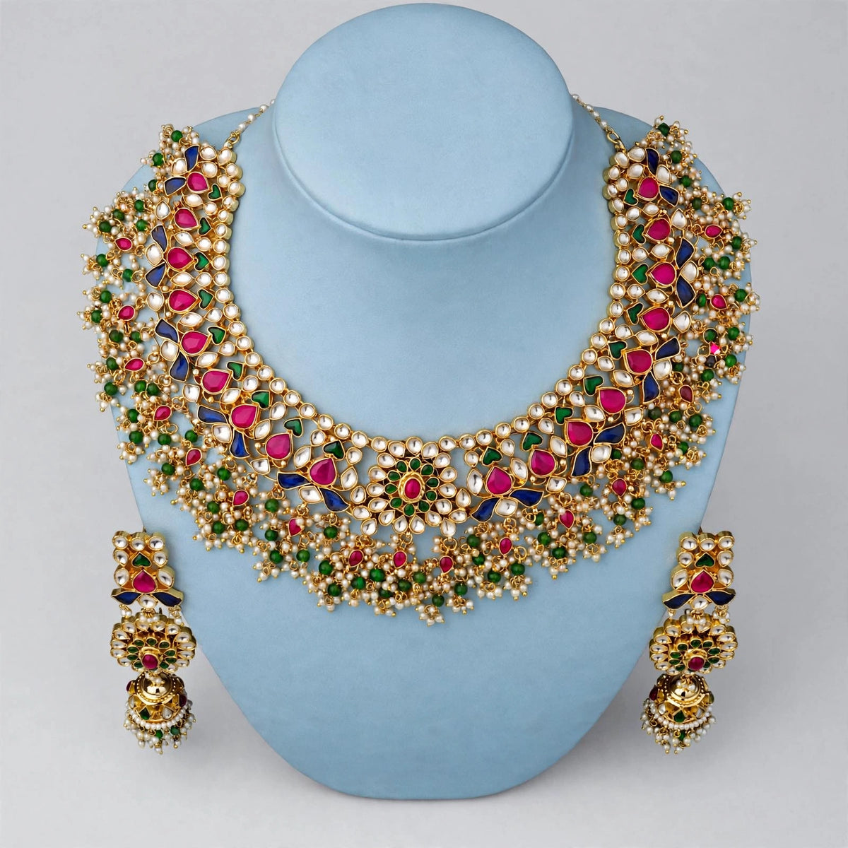 Multicolor Kundan Choker Necklace and Earrings, Gold Plated Statement Choker for Indian Brides