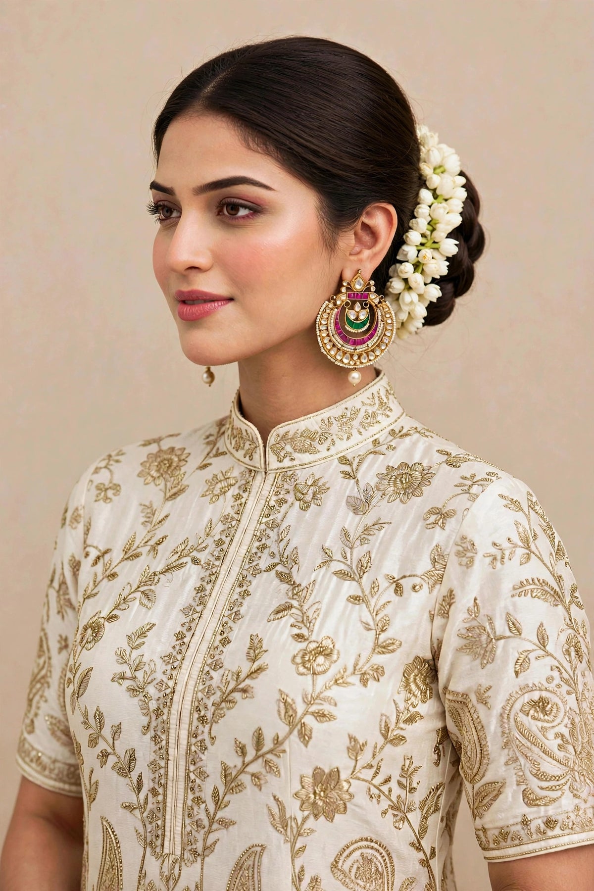 Handmade Kundan Chandbali Earrings, Pink Pearl, Indian Jewelry