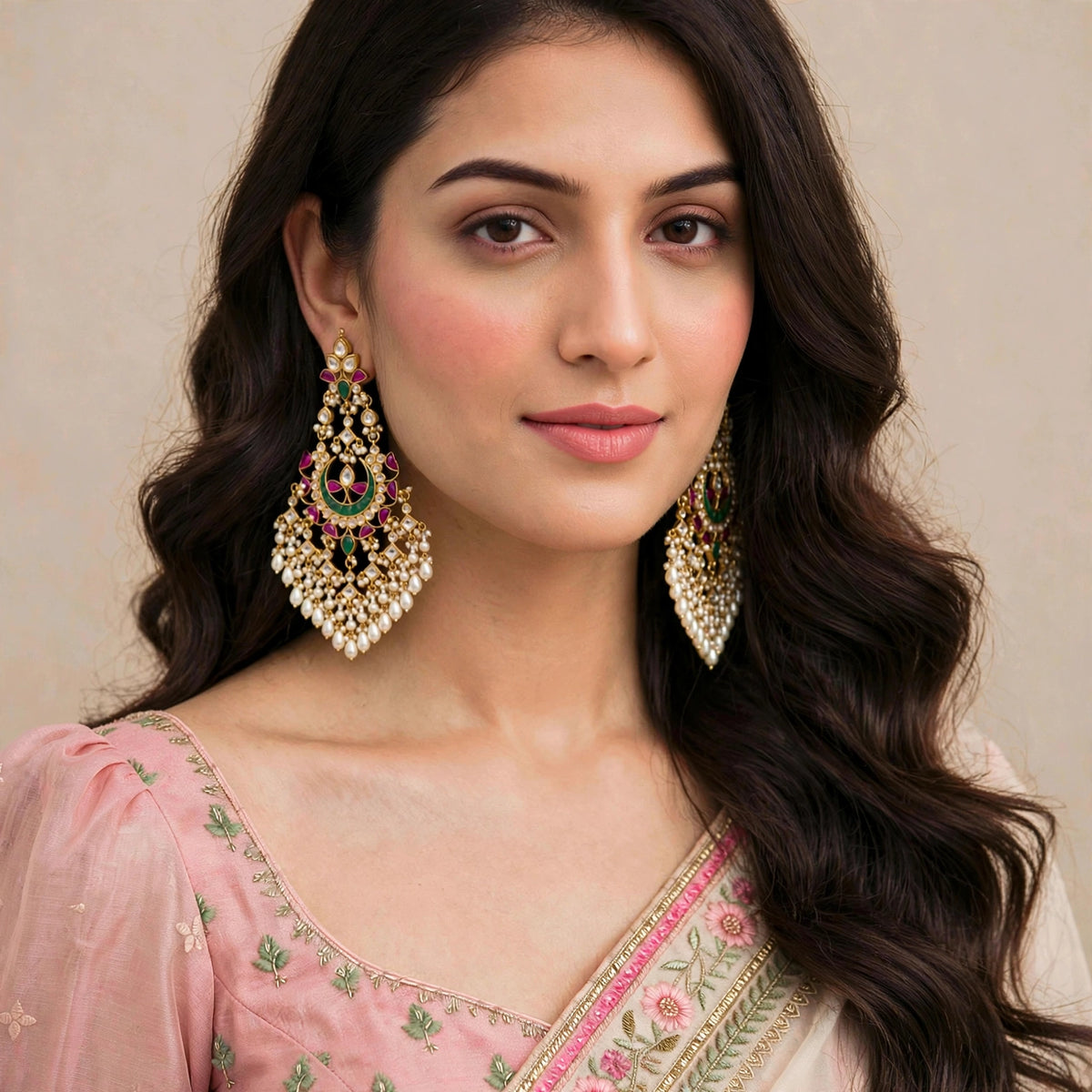 Kundan Earrings, Handmade Green Chandbali, Gold Plated Indian Jewellery