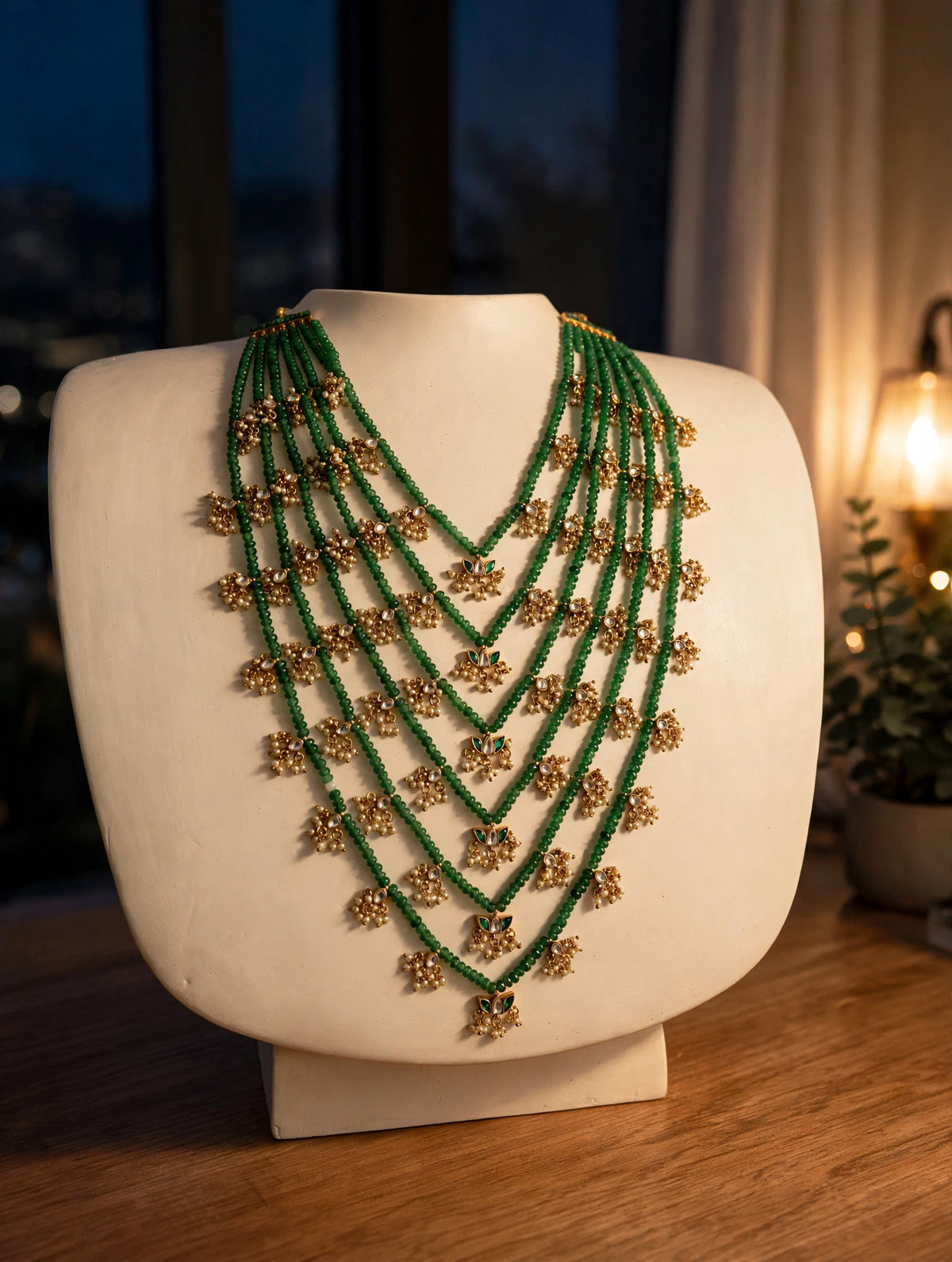 Multi-Layered Kundan Necklace | 22k Gold Plated Indian Bridal Jewelry | Green Satlada Set