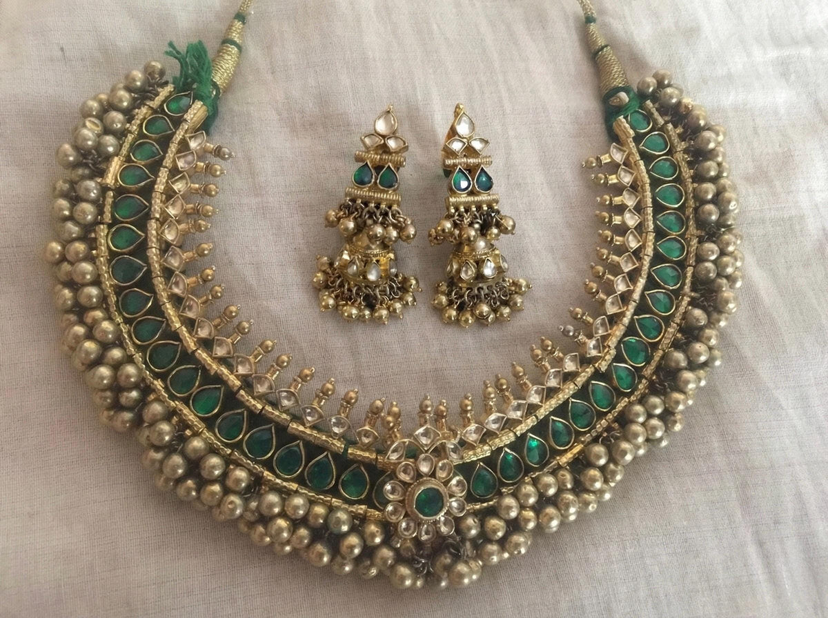 Kundan Choker Necklace Set, Traditional Green Tussi Style, Indian Ethnic Jewelry, Antique Gold Finish