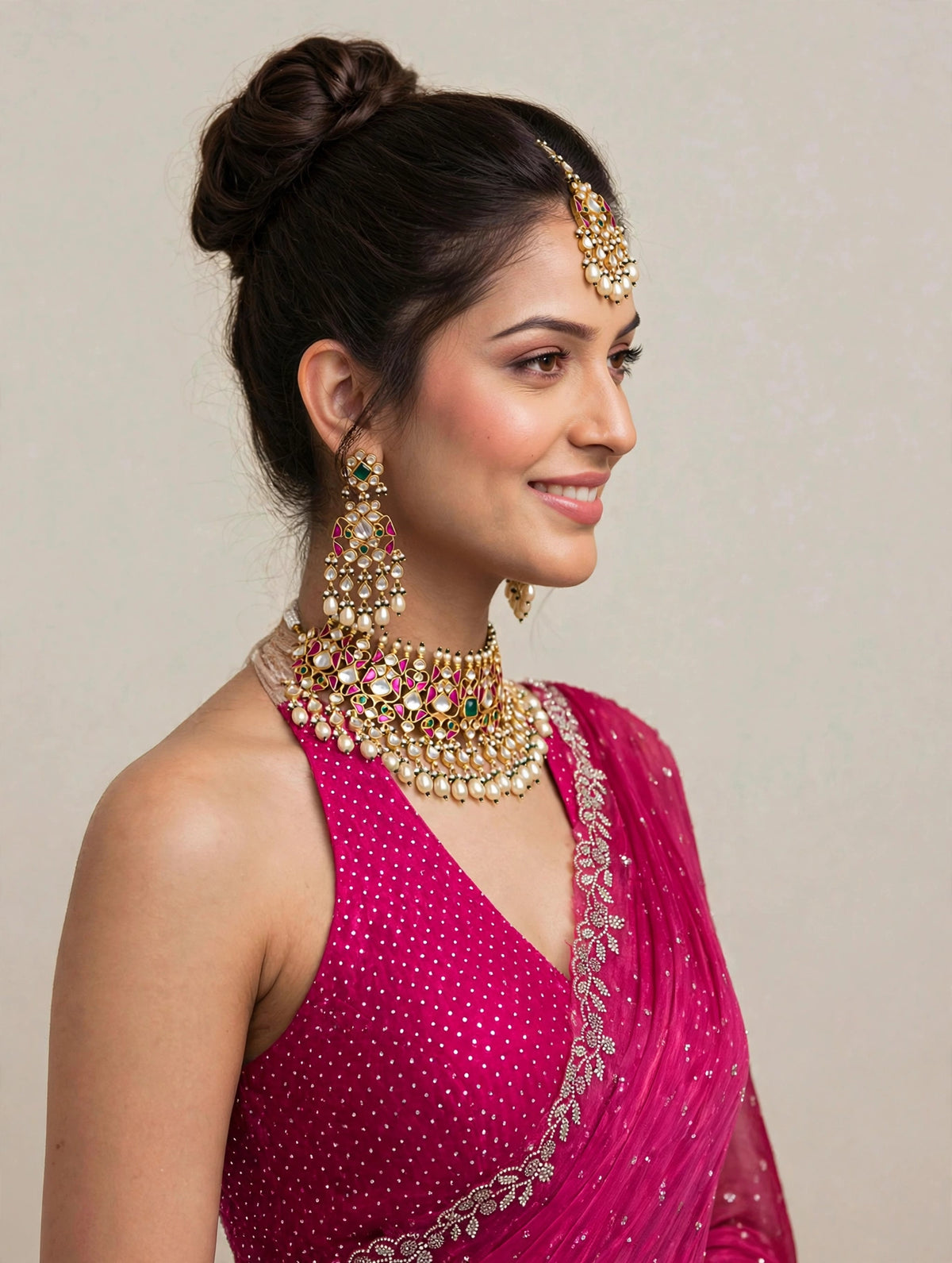 Handmade Kundan Wedding Choker with Earrings and Mangtika