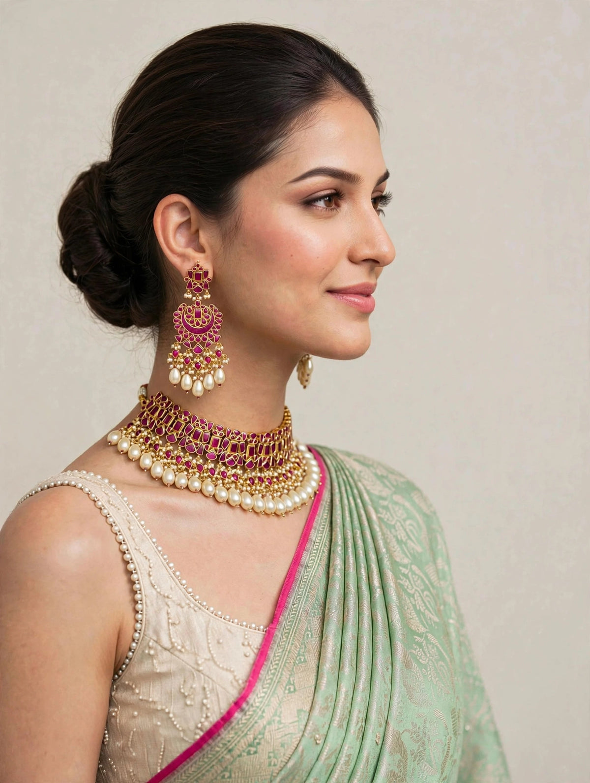 Kundan Jewelry, South Indian Bridal Choker Necklace with Chandbali Earrings