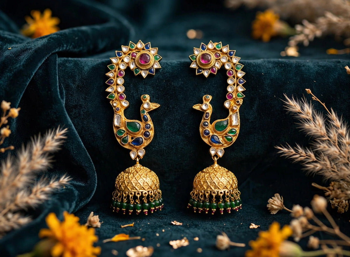 Royal Kundan Ear Cuff Earrings with Dangler Jumkhi, Luxury Indian Bridal Jewelry