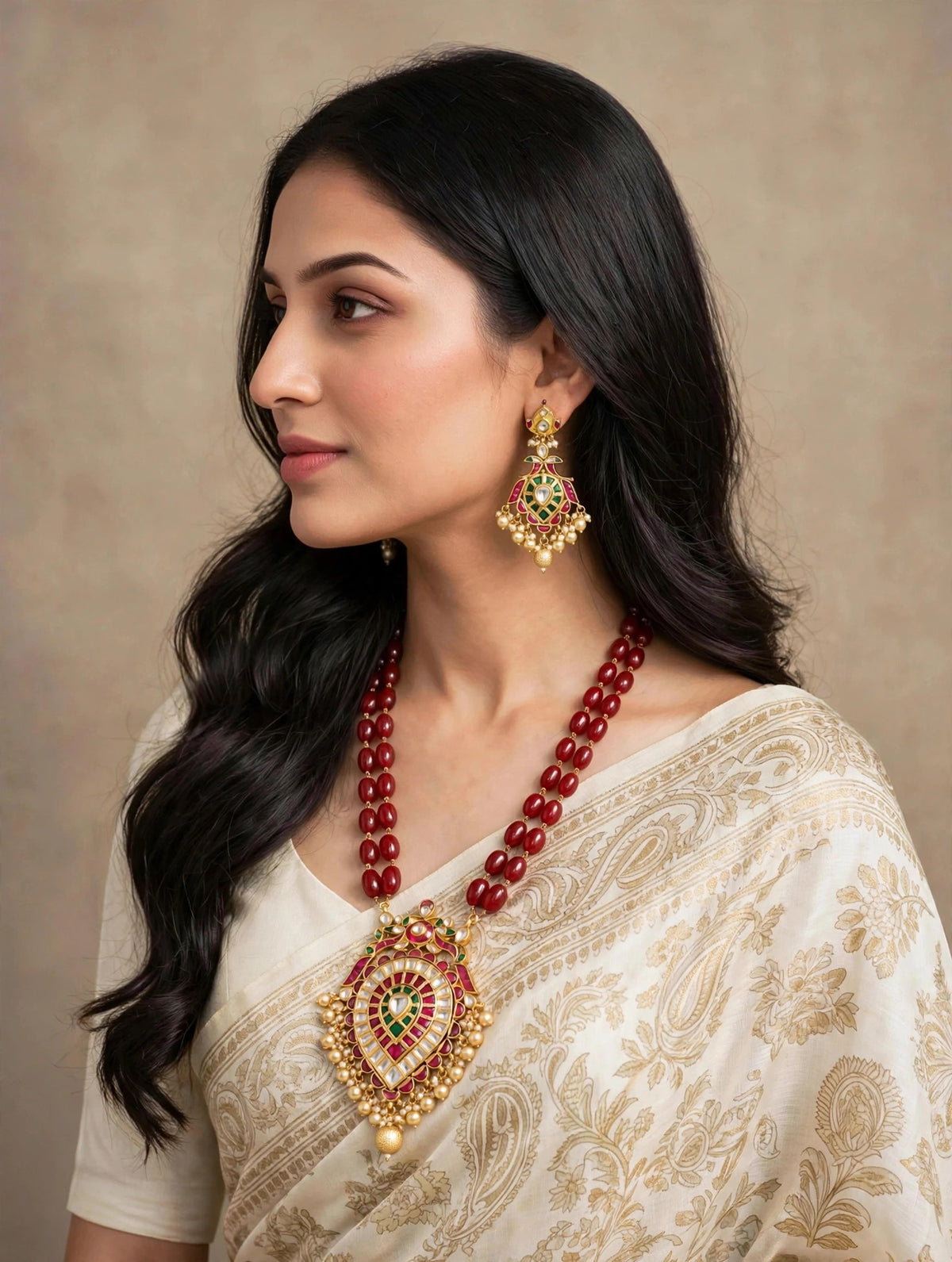 Handmade Kundan Jewelry Set, Gold Plated South Indian Necklace with peacock earrings