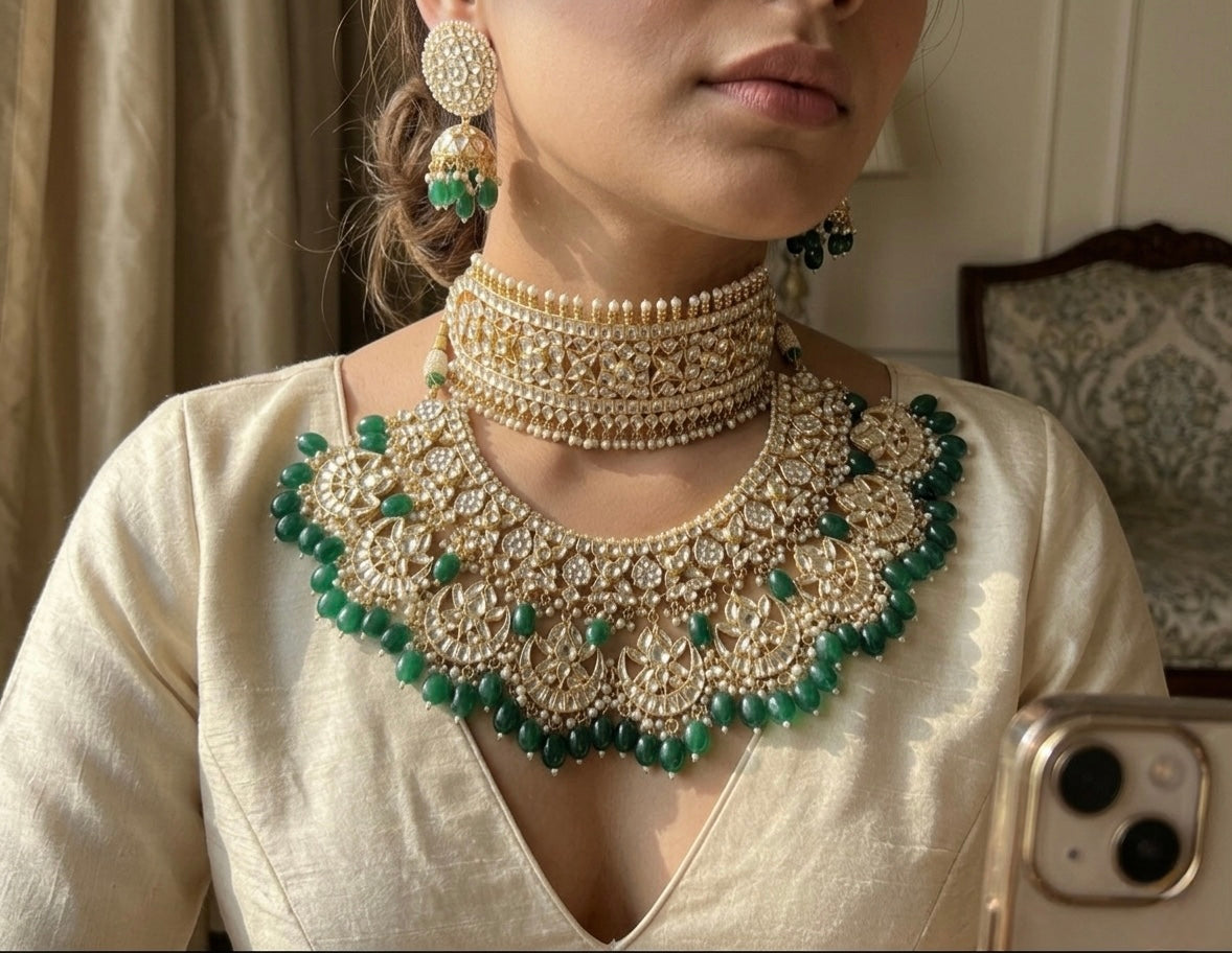 Gold Plated Luxury Bridal Necklace Set with Matching Choker & Earrings, Indian Wedding Jewellery, Statement Bridal Set