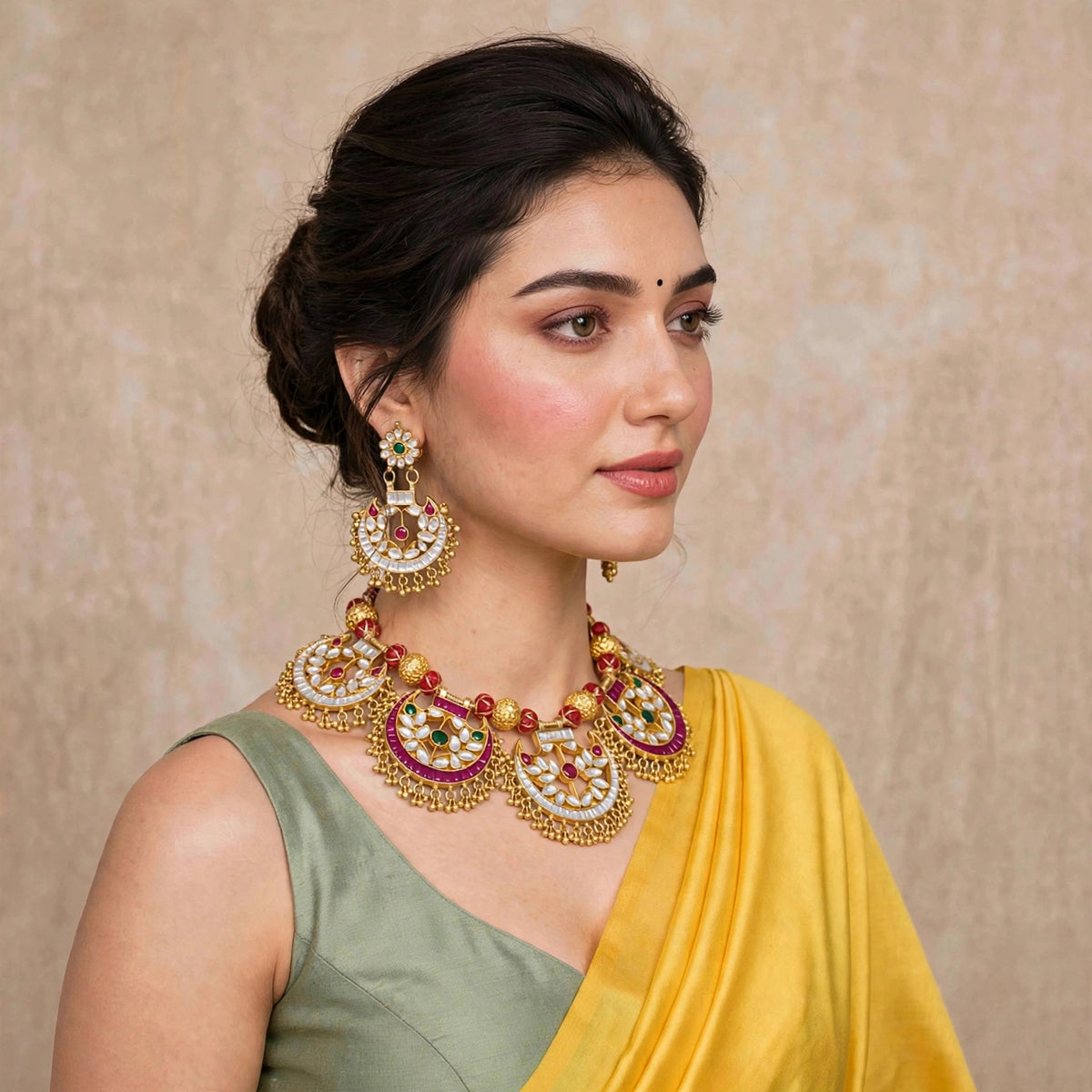 Kundan Necklace with Earrings, Ethnic Indian Jewelry with Gold Plating