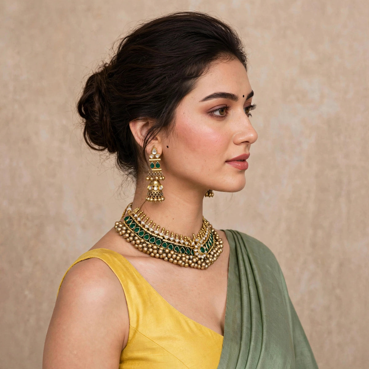 Kundan Choker Necklace Set, Traditional Green Tussi Style, Indian Ethnic Jewelry, Antique Gold Finish