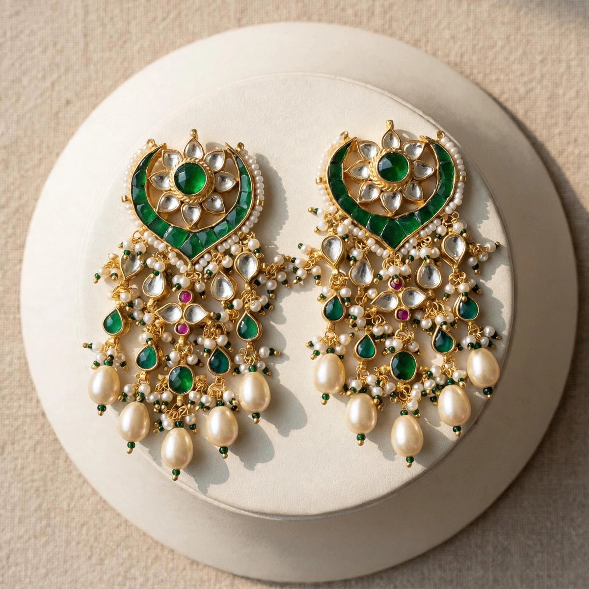 Handmade Green Kundan Chandbali Earrings, Gold Plated Indian Bridal Jewelry