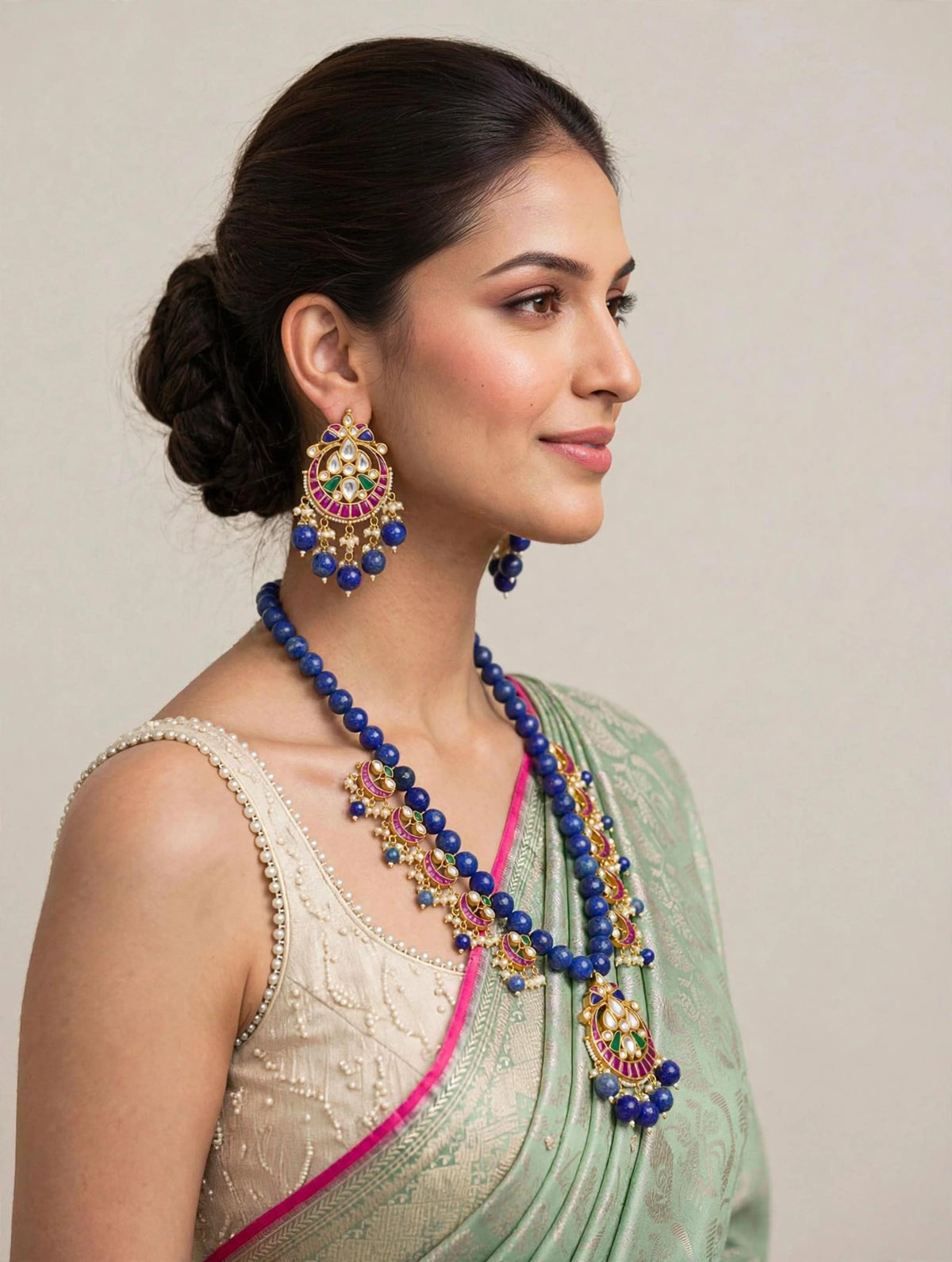 Handmade Kundan Jewelry Set | Blue Lapis with Chandbali Earrings | Gold Plated Designer Necklace