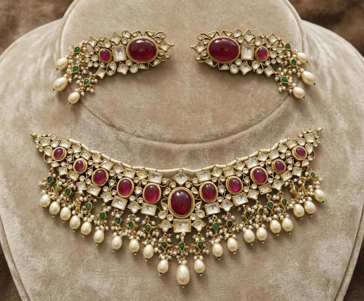 Kundan Jewelry, Designer Choker Necklace with Earrings , 22k Gold Plated, Pink Indian Wedding Set
