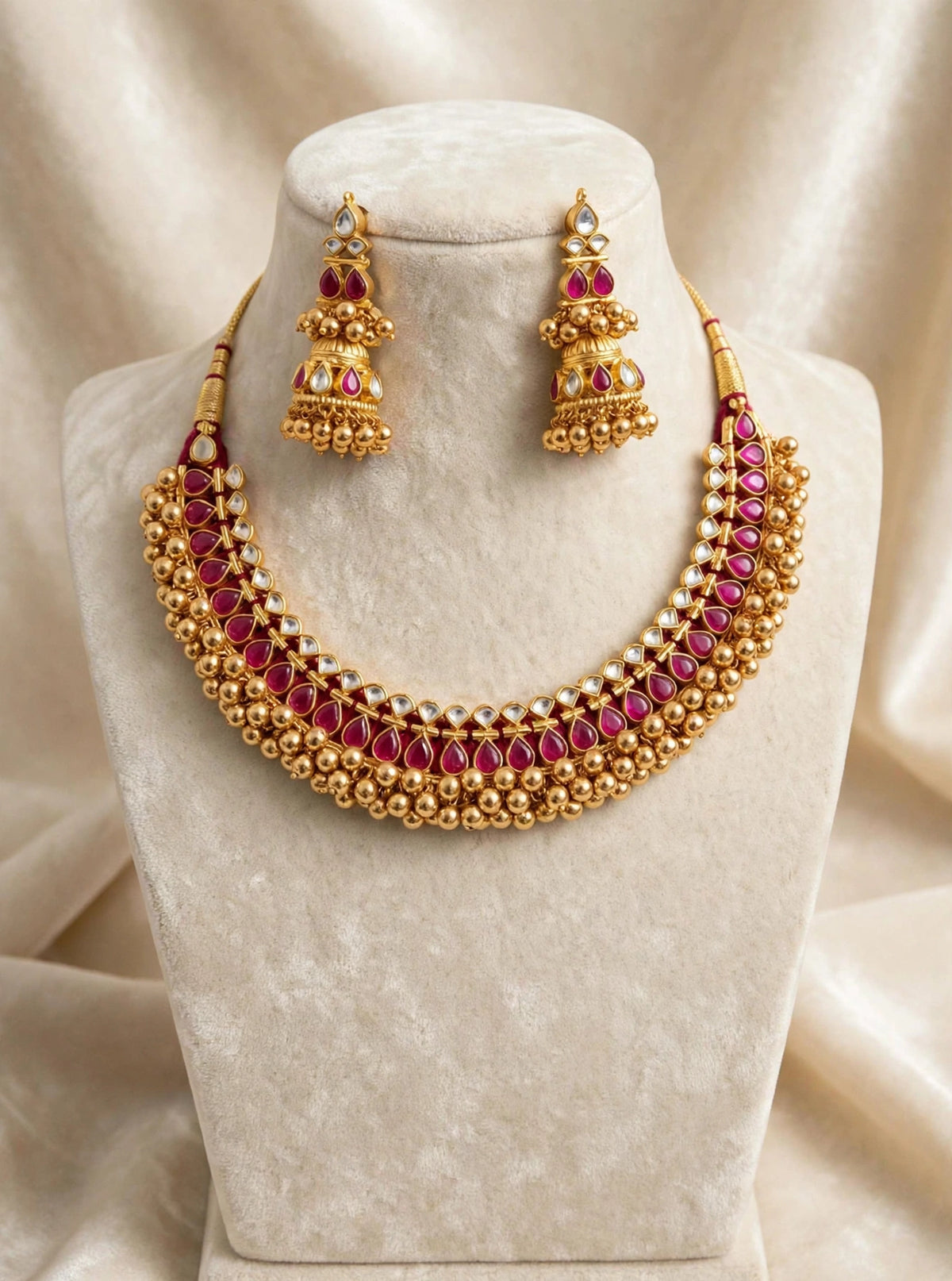 Kundan Choker Necklace with Jumkhi Earrings, Indian Bridal Jewelry, Tussi Necklace
