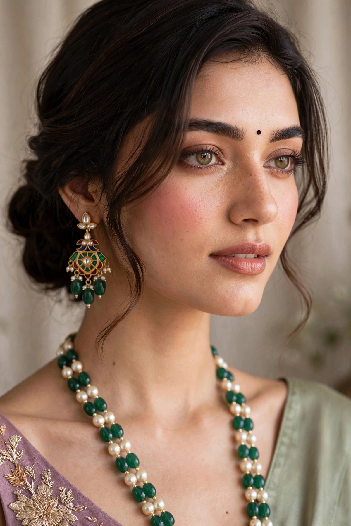 Kundan Jewelry Set | Gold Plated Necklace, Emerald and Pearl Earrings