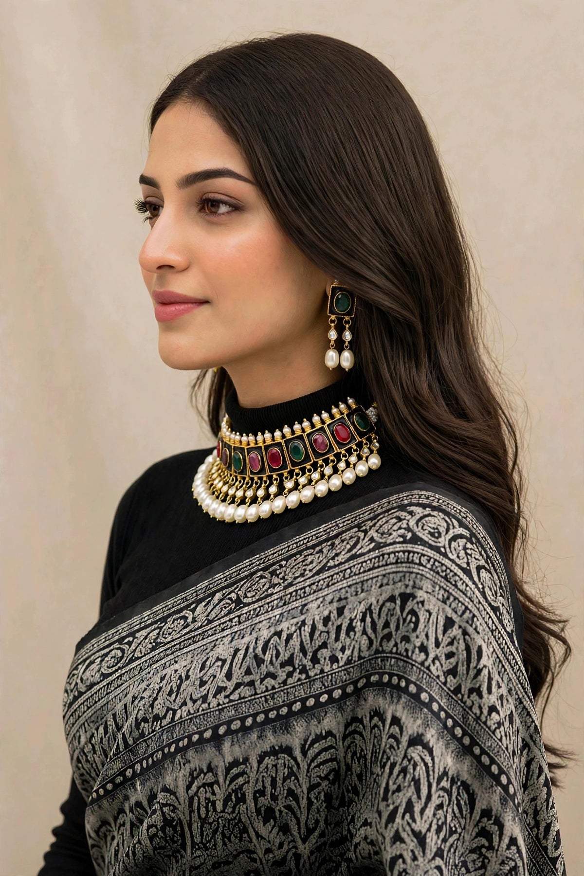 Black Enamelled Designer Kundan Jewellery Set, Statement Choker Necklace with Earrings