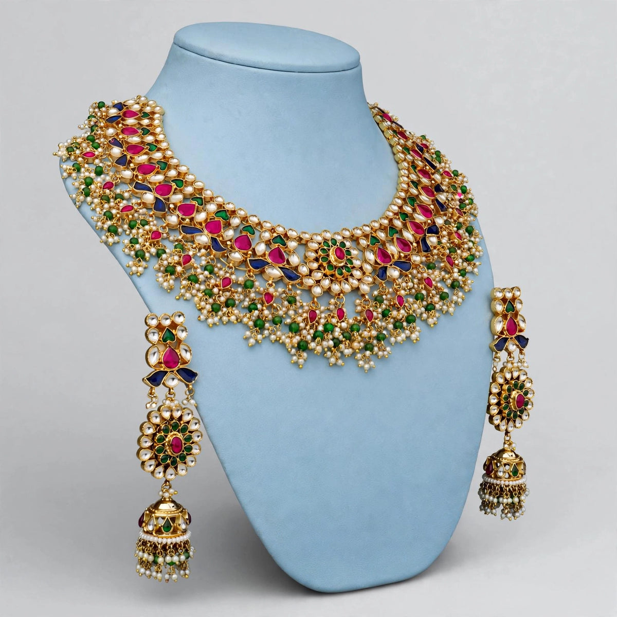 Multicolor Kundan Choker Necklace and Earrings, Gold Plated Statement Choker for Indian Brides