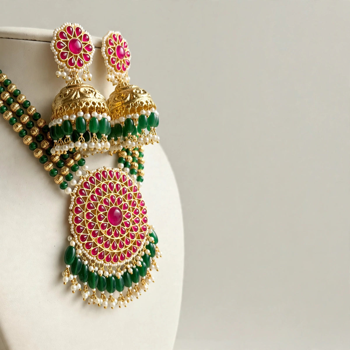 Kundan Necklace & Jhumka Earrings Set, 22K Gold Plated, South Indian Jewelry