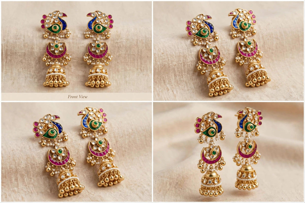 Kundan Earrings, Antique Gold Finish Jhumki, Indian Bridal Jewelry
