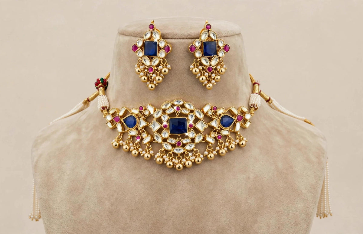 Gold Plated Kundan Choker Necklace with earrings , Indian Bridal Jewelry Set