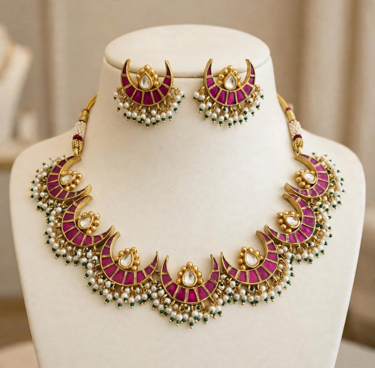 Gold Plated Kundan Choker Necklace Set, Indian Bridal Jewelry, Handmade Earrings