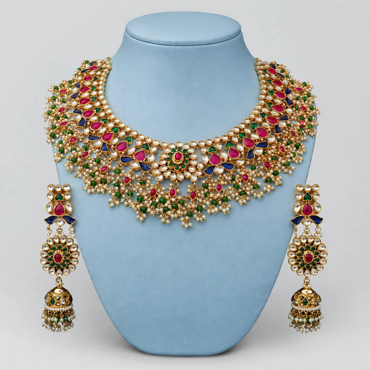 Multicolor Kundan Choker Necklace and Earrings, Gold Plated Statement Choker for Indian Brides