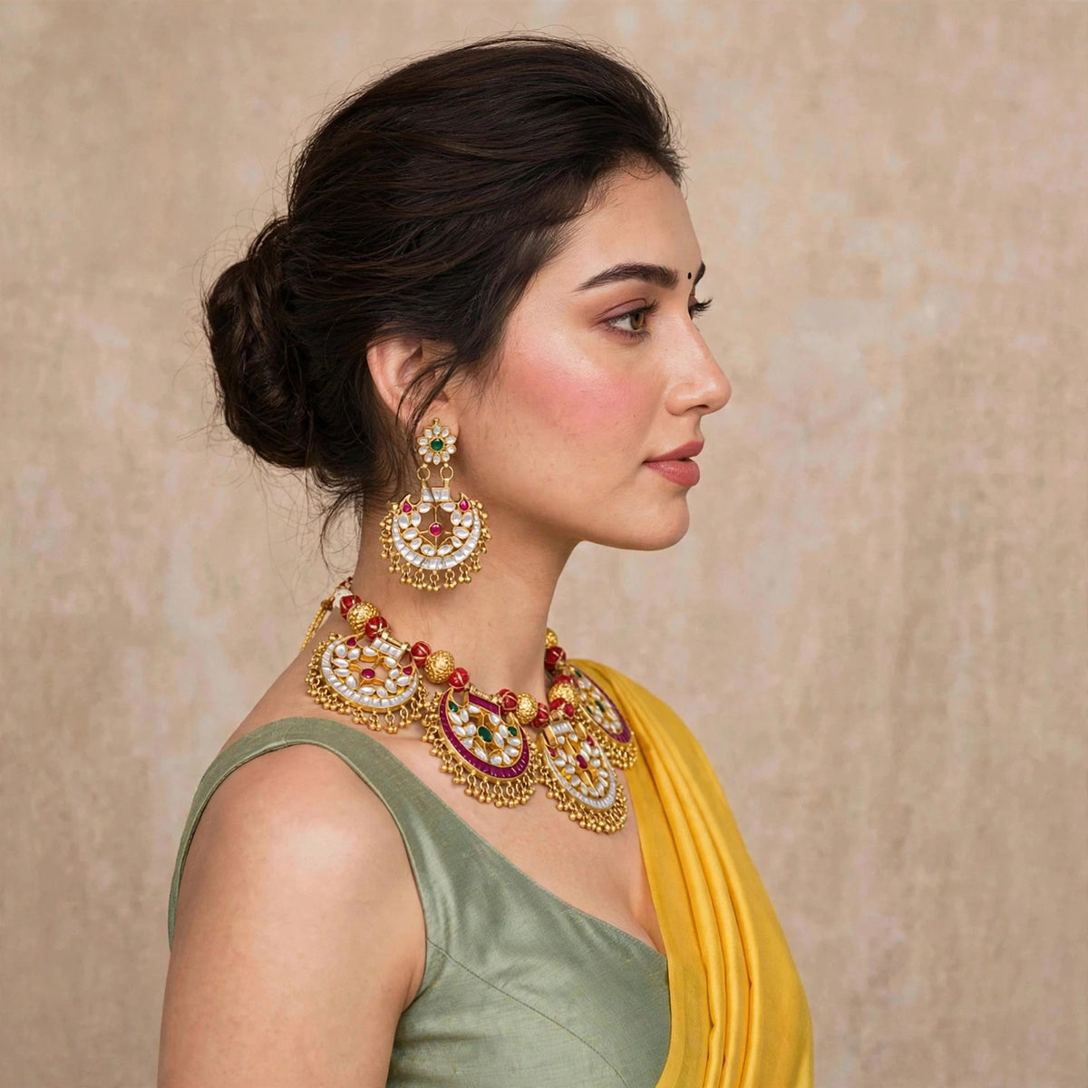 Kundan Necklace with Earrings, Ethnic Indian Jewelry with Gold Plating