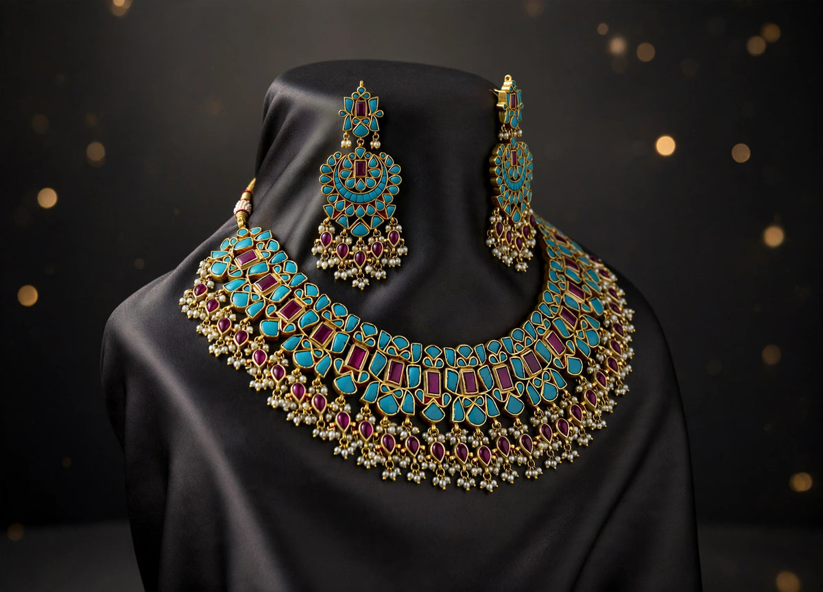 Kundan Choker Necklace & Chandbali Earrings | Gold Plated Indian Jewelry, Turquoise, Ruby Red