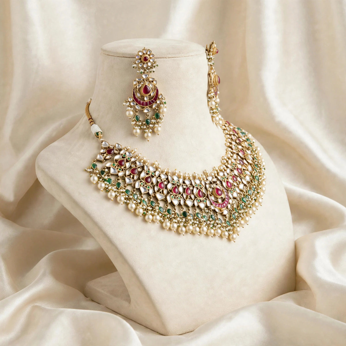 Traditional Kundan Choker Set, Gold Plated Handmade Indian Bridal Necklace Earrings
