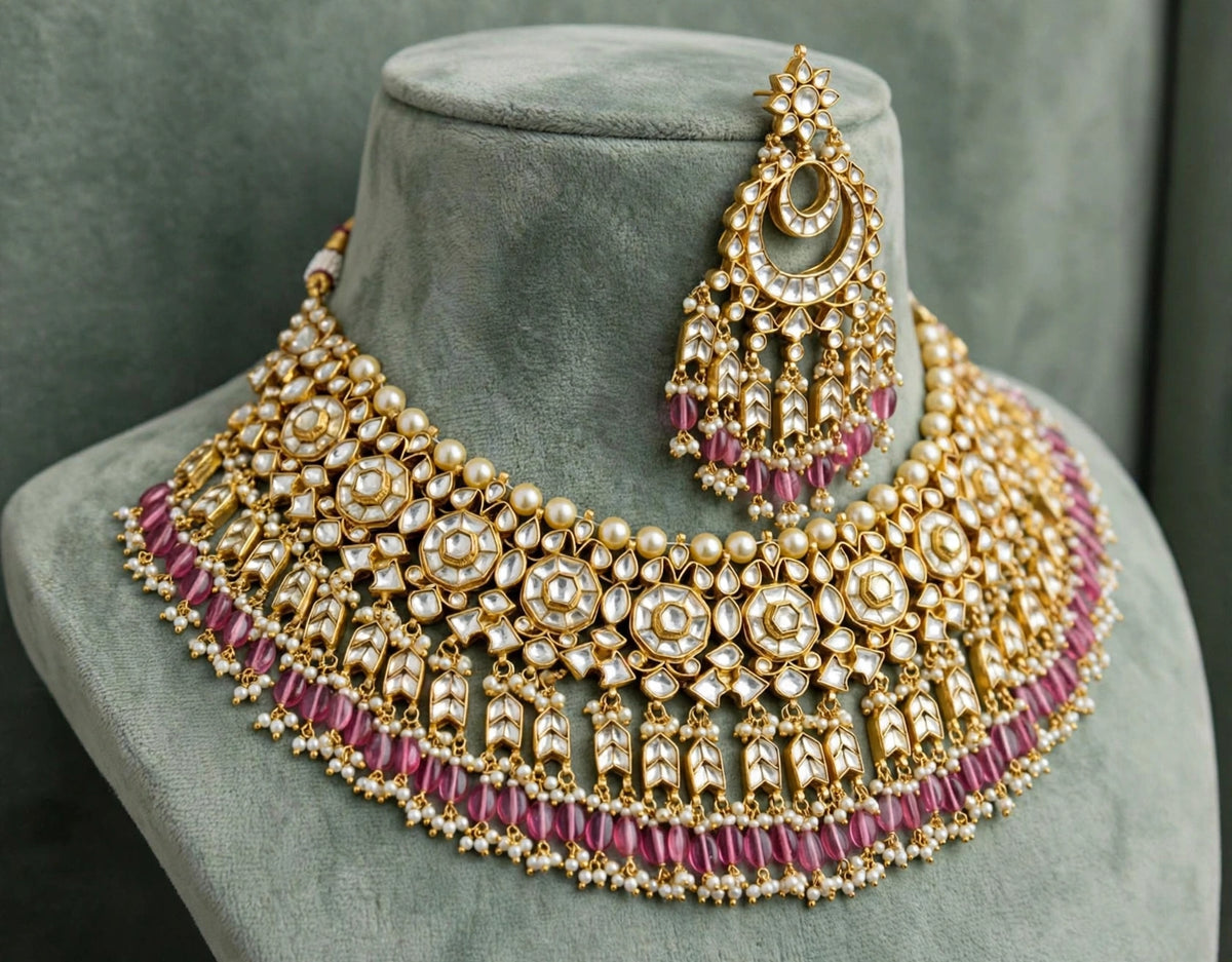 Handmade Kundan Choker Necklace and Earrings, Indian Bridal Jewelry Set