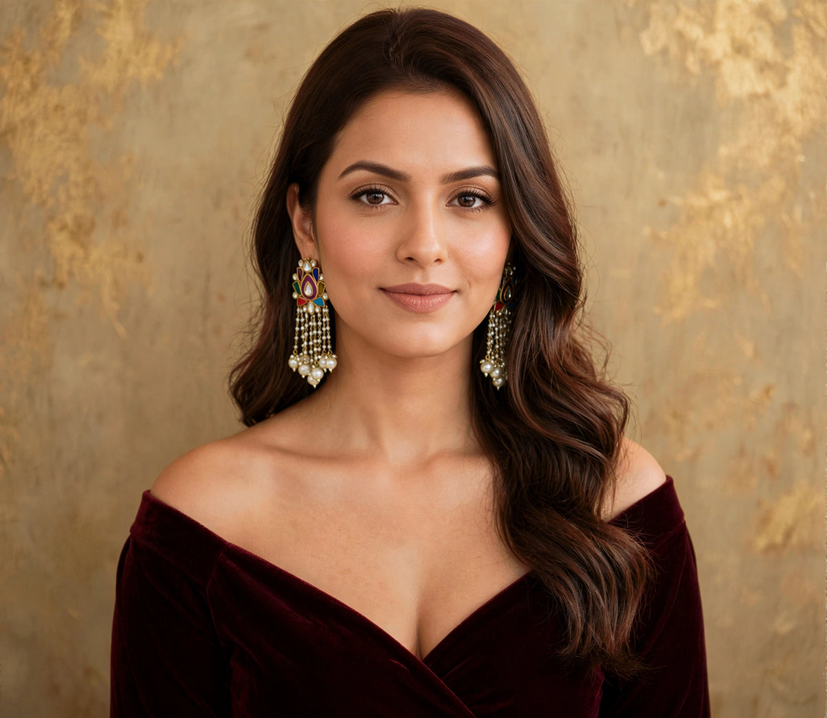 Gold Plated Kundan Earrings | Navratna Pearl Drop Chand Bali | Indian Handmade Jewelry