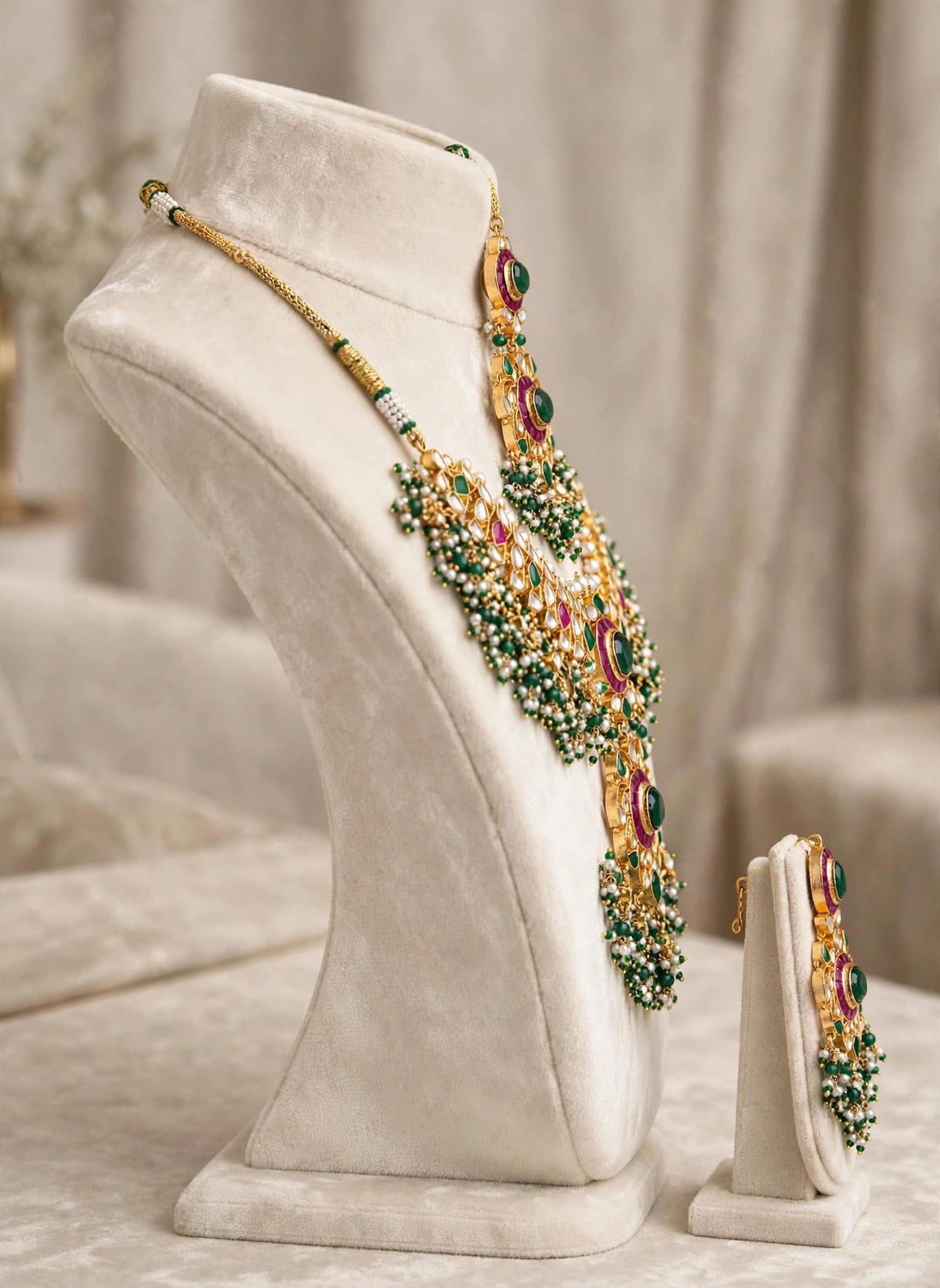 Kundan Choker Necklace Set with Earrings & Maang Tikka | Green Stone Indian Wedding Jewelry