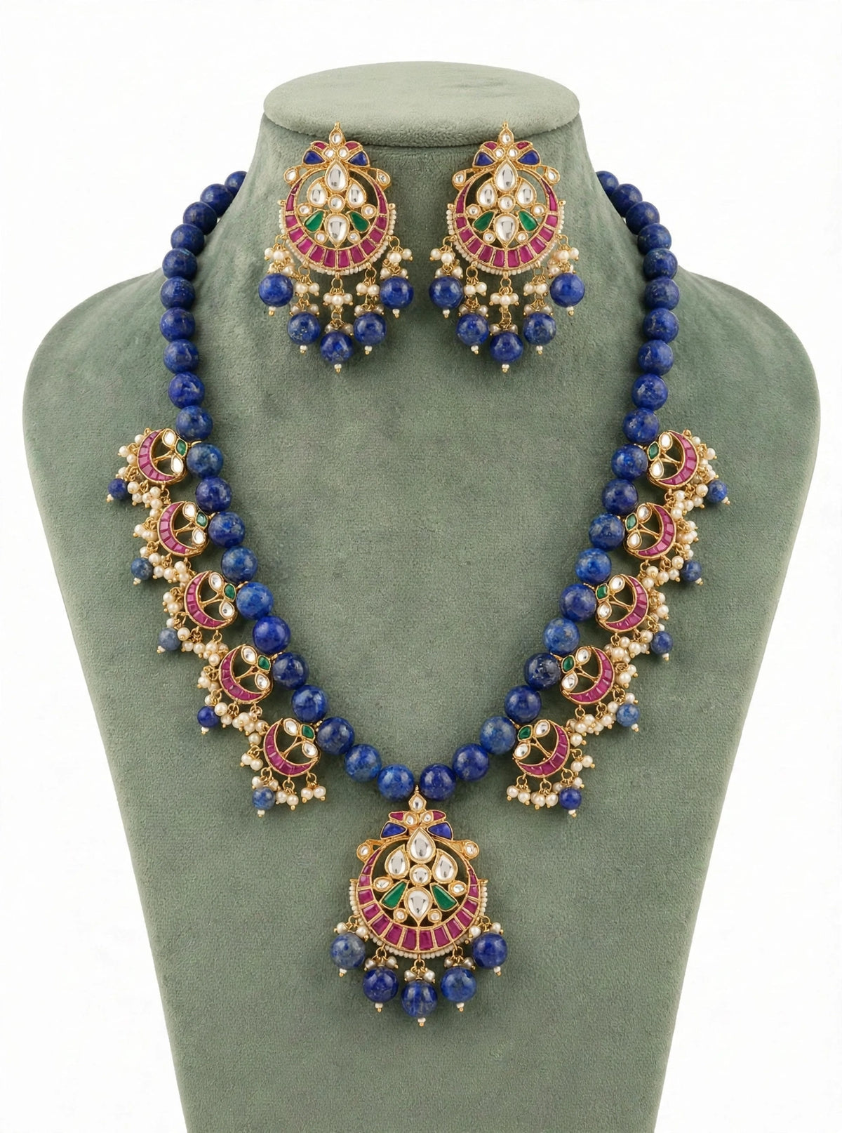 Handmade Kundan Jewelry Set | Blue Lapis with Chandbali Earrings | Gold Plated Designer Necklace