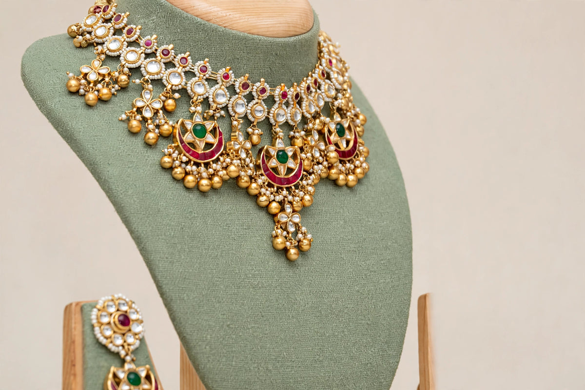 Kundan Choker Necklace Set | Indian Wedding Jewelry | Handmade Chandbali Earrings