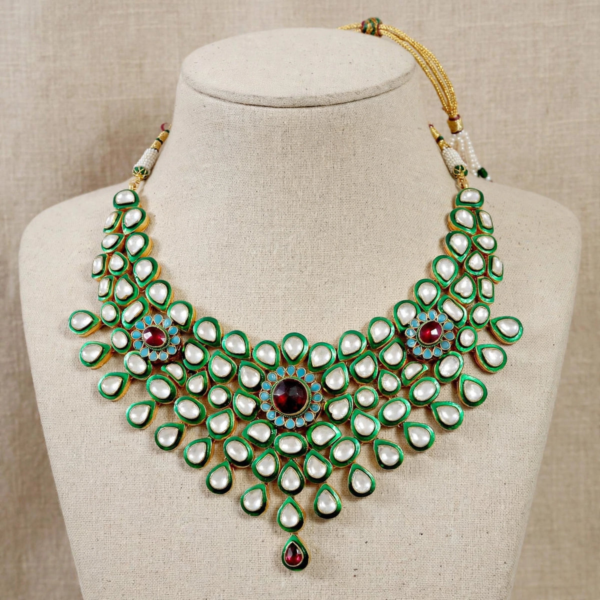 Kundan Choker Necklace with Earring | Indian Heirloom Bridal Jewellery Set | Green Enamel