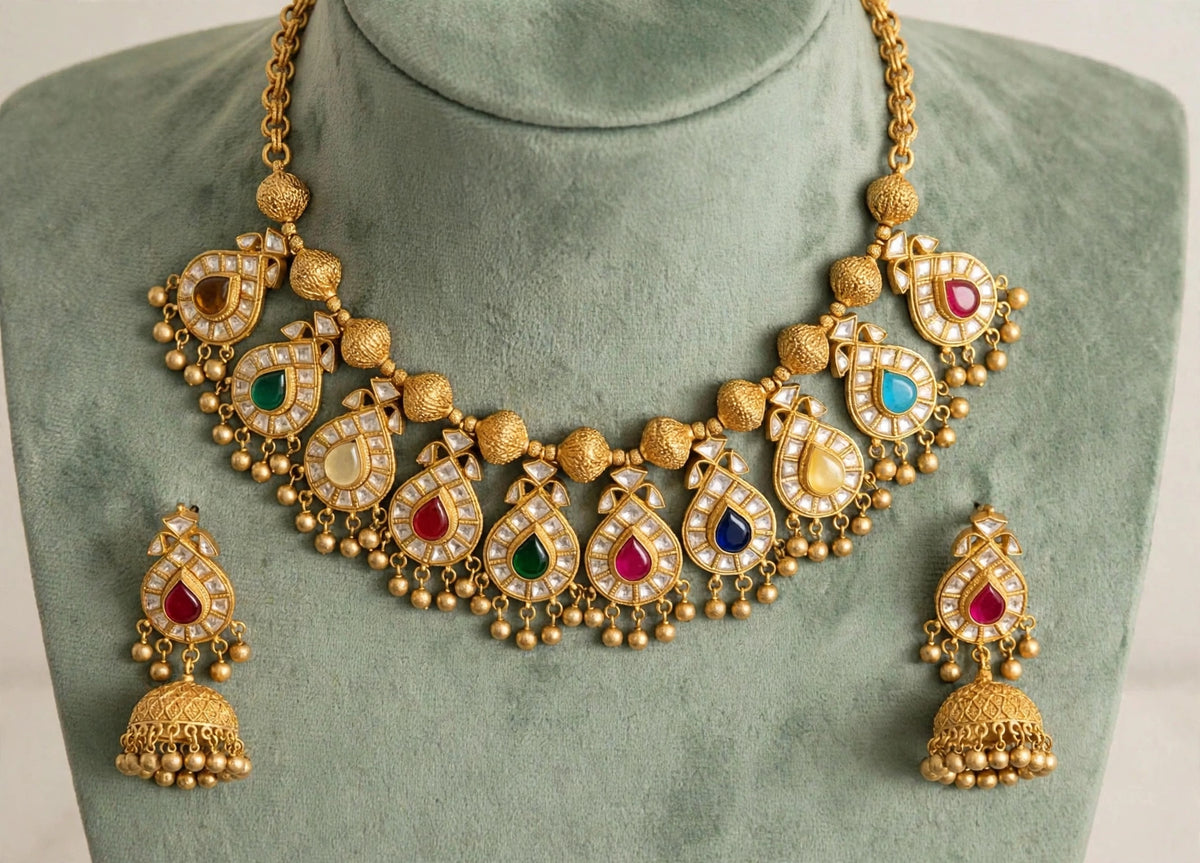 Kundan Choker Necklace, South Indian Jewelry, Handmade Earrings with Jhumki
