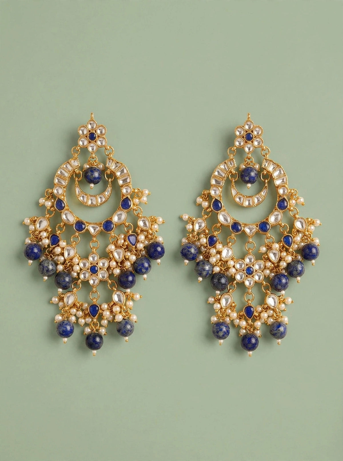 Kundan Chandbali Earrings, Gold Plated Bridal Jewelry, Blue Lapis Dangler Set