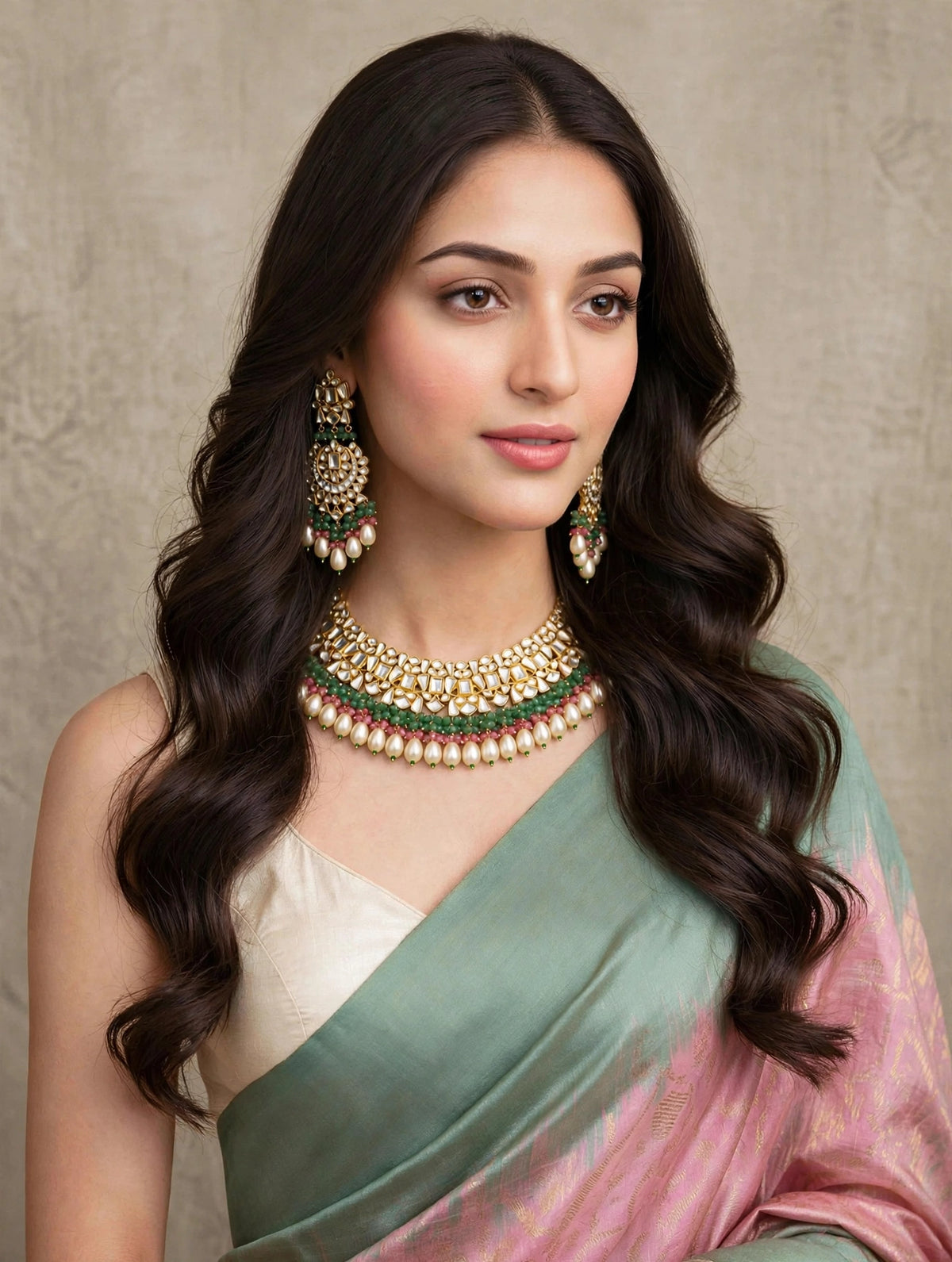 Kundan Choker Necklace Earrings Set, 22k Gold Plated Indian Bridal Jewelry