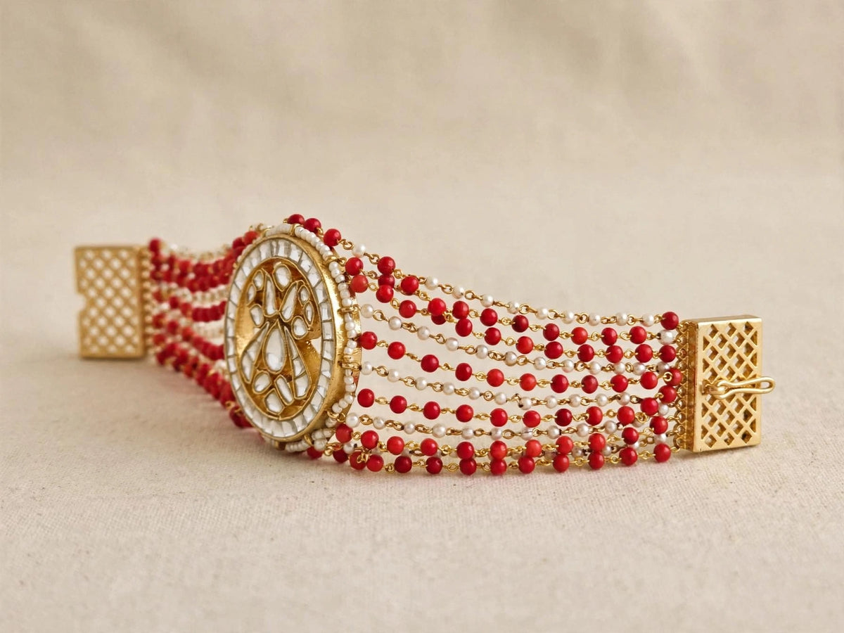 Kundan Bracelet, Indian Bridal Jewelry, Handmade Coral Flexible Bracelet