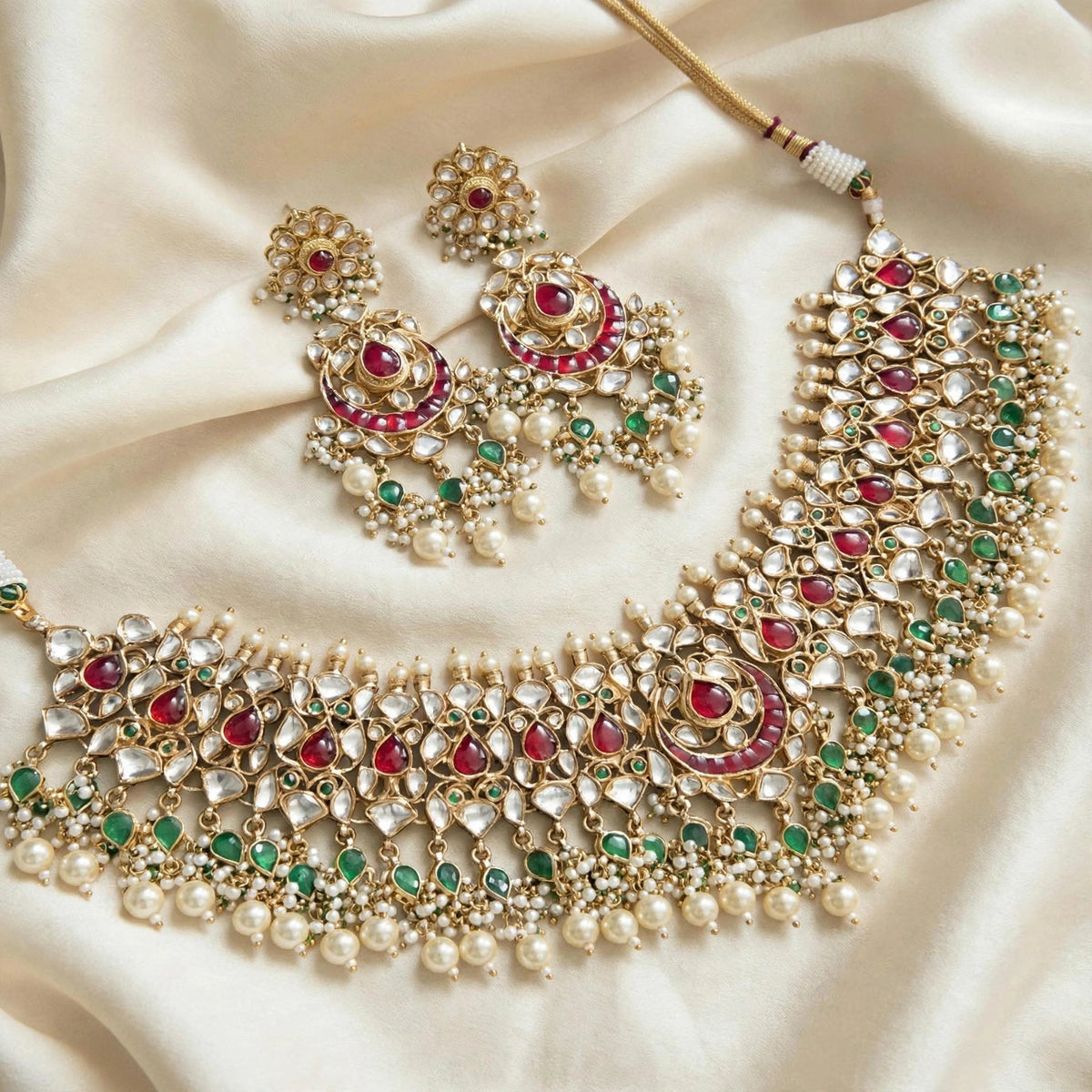 Traditional Kundan Choker Set, Gold Plated Handmade Indian Bridal Necklace Earrings