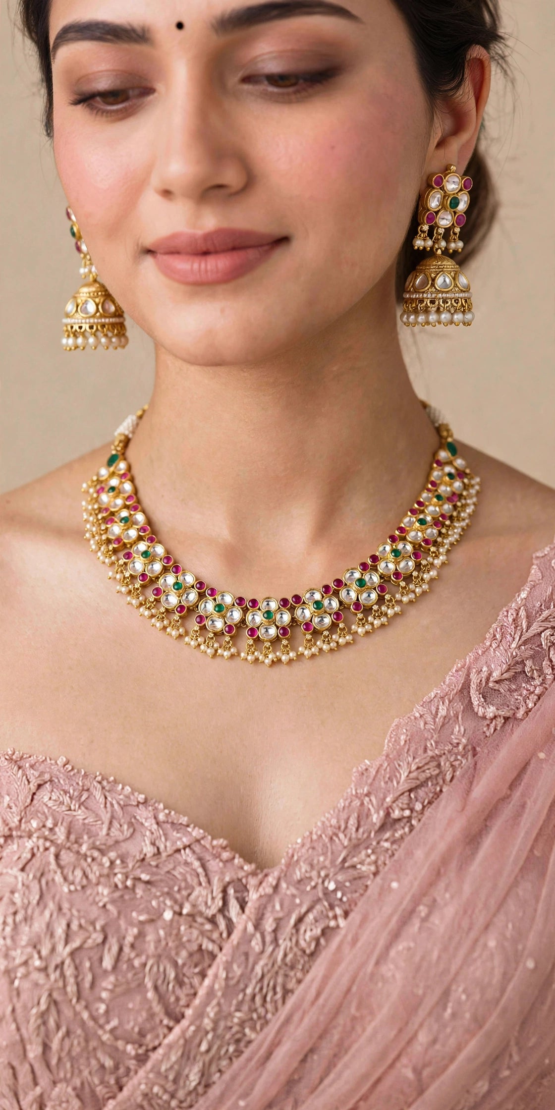 Handmade Kundan Choker Necklace with Earrings Set, Indian Bridal Jewelry