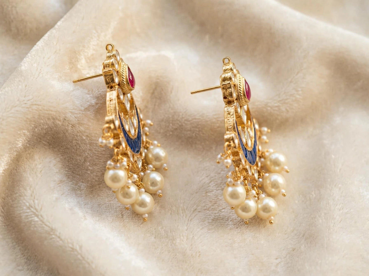 Handcrafted Kundan Chandbali Earrings, South Indian Style, Pearl Hangings
