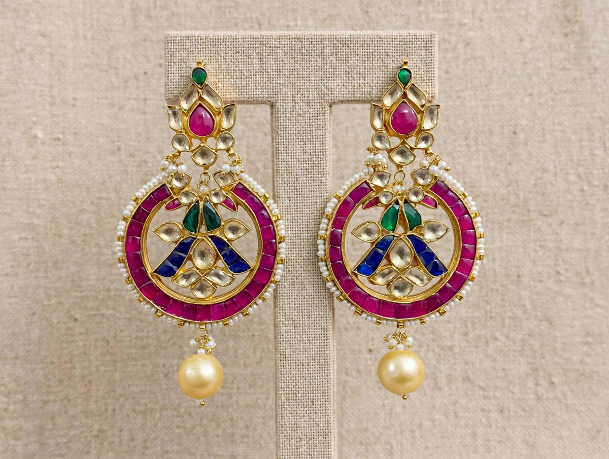 Handmade Kundan Chandbali Earrings, South Indian 22k Gold Plated Jewelry