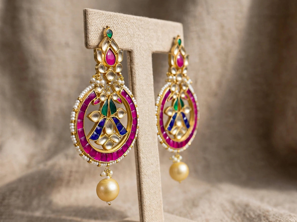 Handmade Kundan Chandbali Earrings, South Indian 22k Gold Plated Jewelry