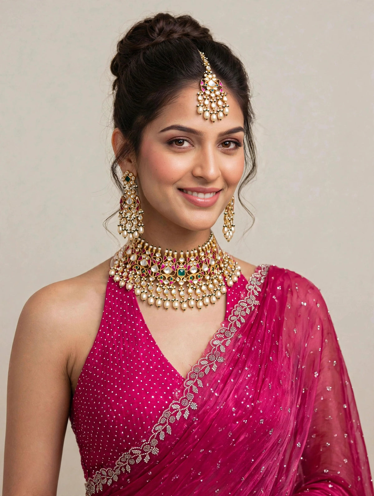 Handmade Kundan Wedding Choker with Earrings and Mangtika