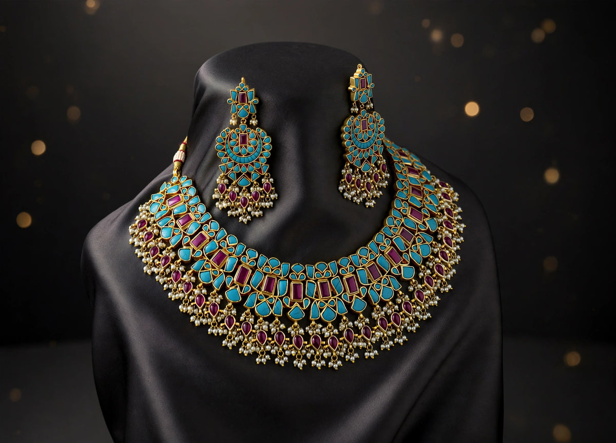 Kundan Choker Necklace & Chandbali Earrings | Gold Plated Indian Jewelry, Turquoise, Ruby Red
