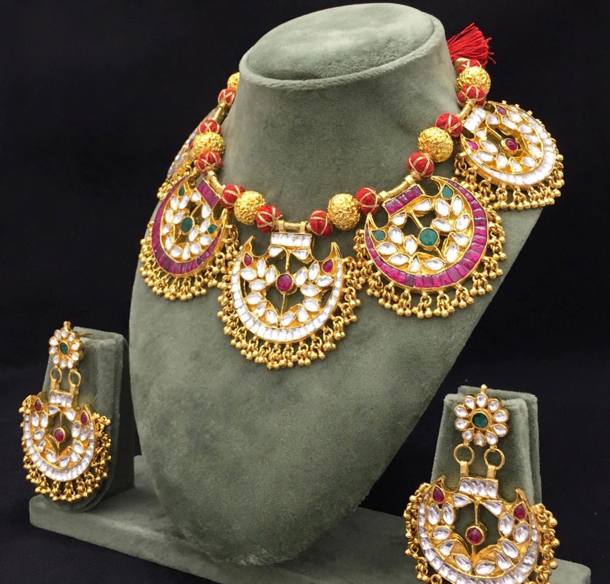 Kundan Necklace with Earrings, Ethnic Indian Jewelry with Gold Plating