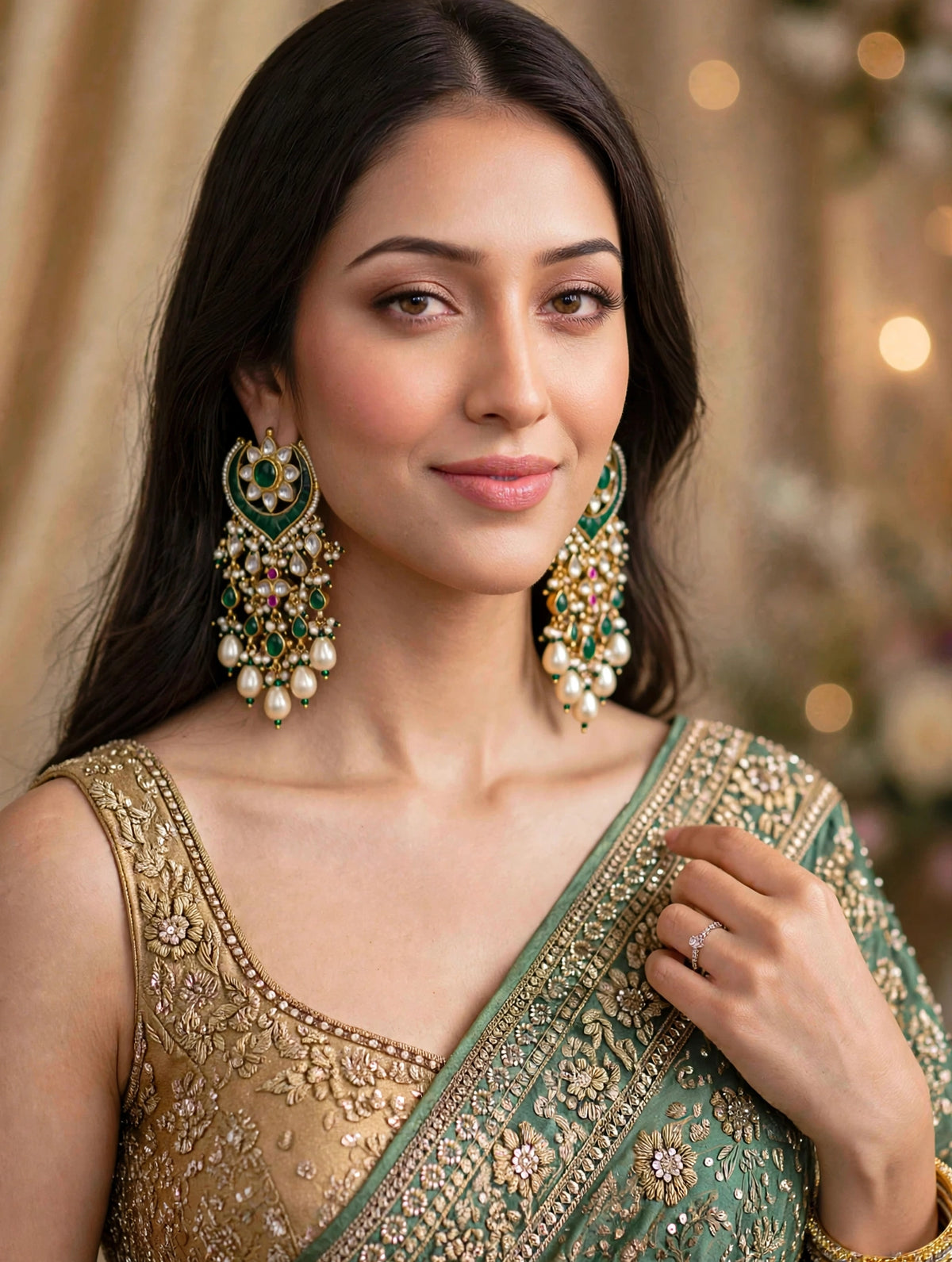 Handmade Green Kundan Chandbali Earrings, Gold Plated Indian Bridal Jewelry