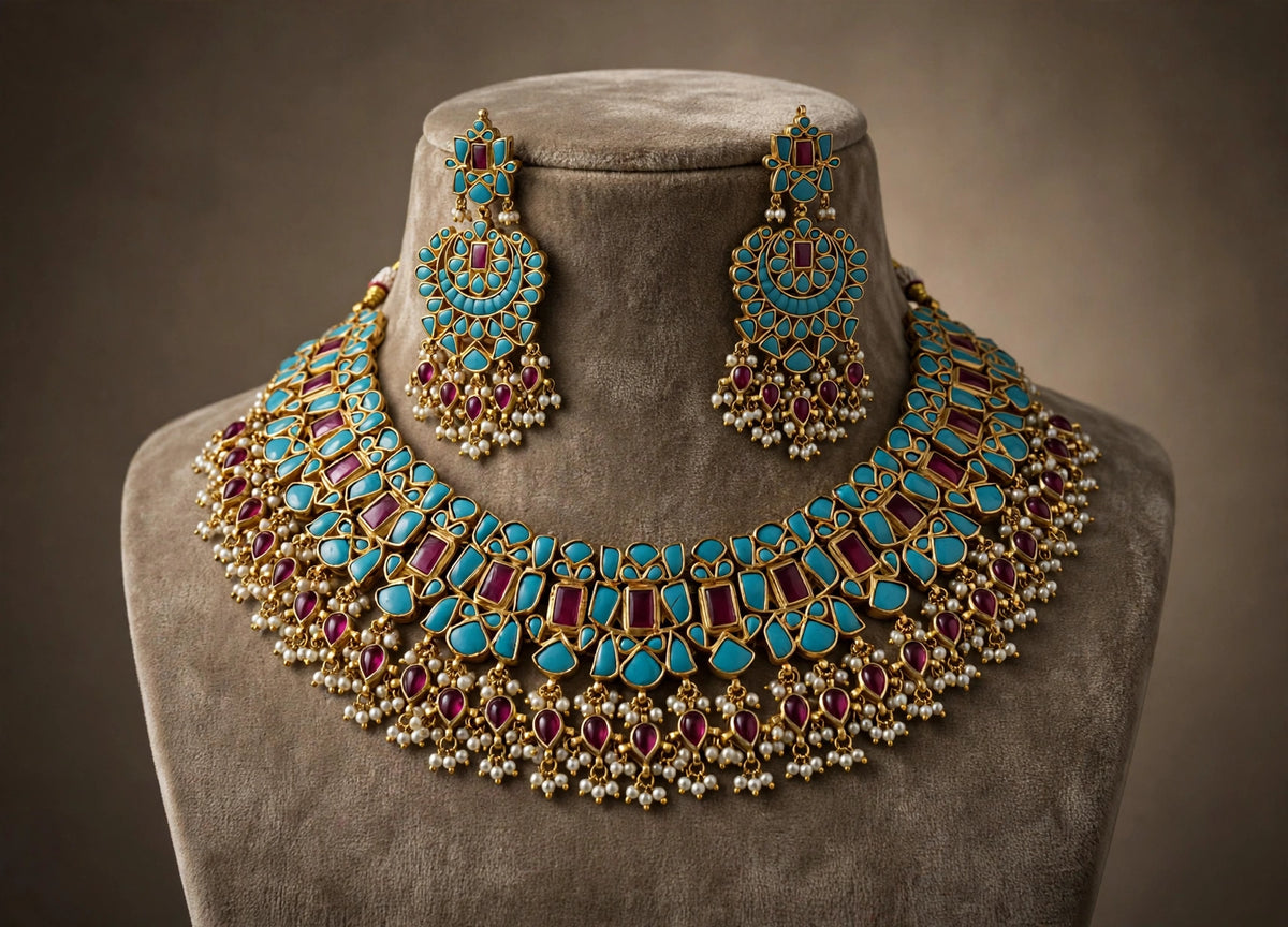 Kundan Choker Necklace & Chandbali Earrings | Gold Plated Indian Jewelry, Turquoise, Ruby Red