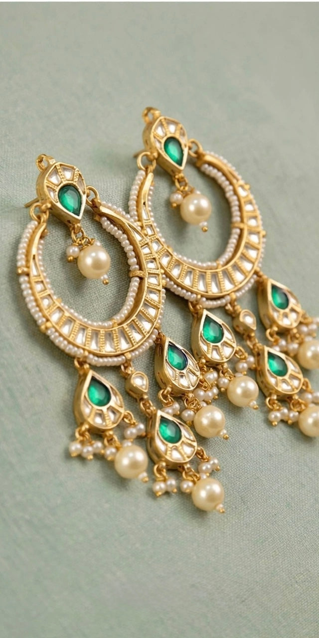 Kundan Chandbali Earrings, 22k Gold Plated, Green & White, Indian Bridal Jewelry