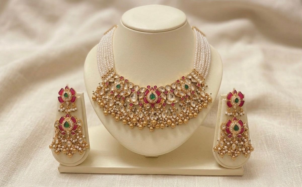Kundan Choker Necklace Set, Gold Plated South Indian Jewelry