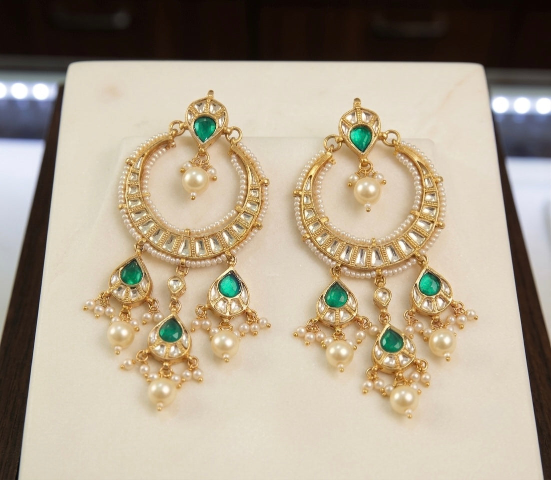 Kundan Chandbali Earrings, 22k Gold Plated, Green & White, Indian Bridal Jewelry